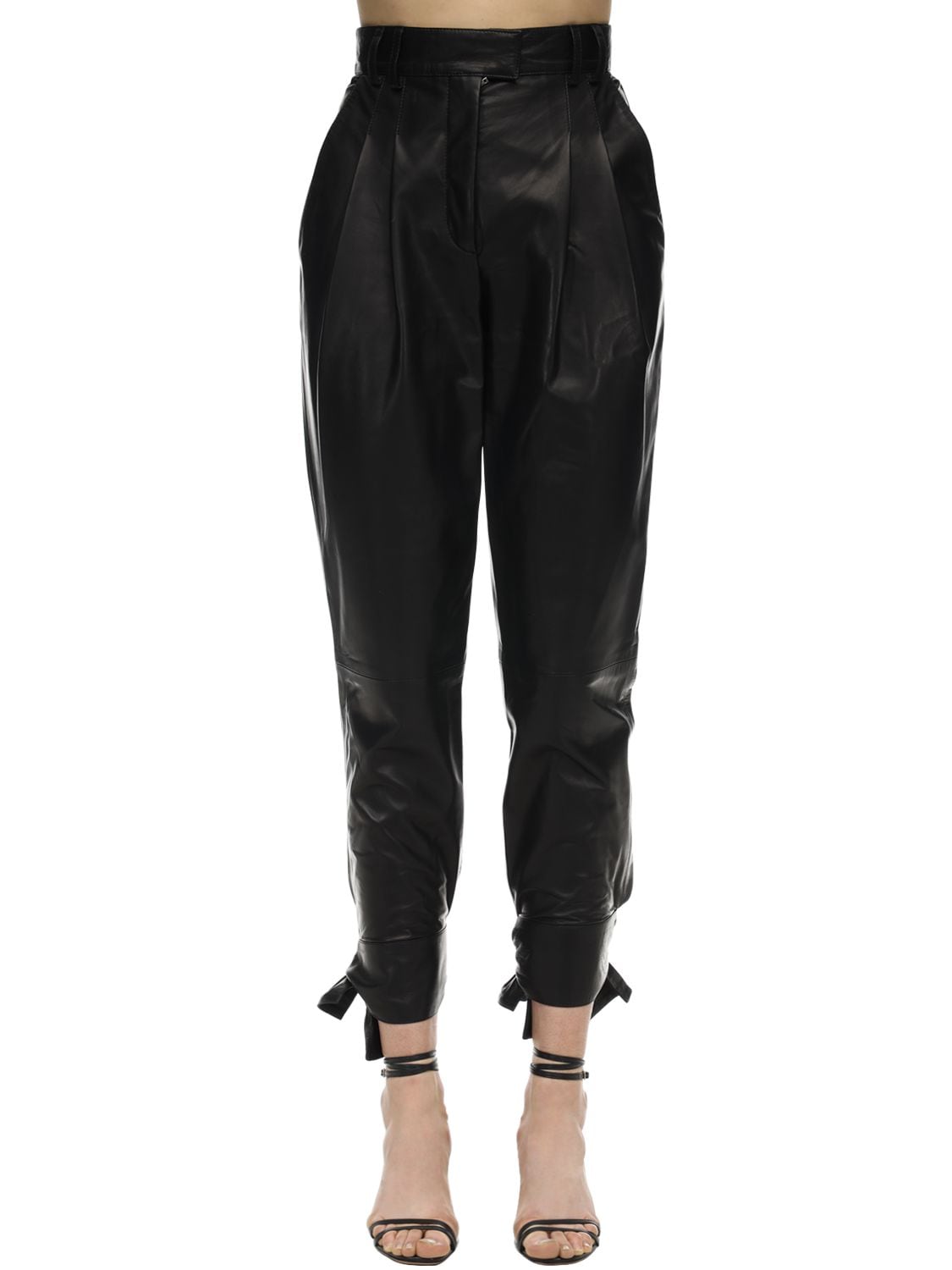 Proenza Schouler Tie-detailed Pleated Leather Tapered Pants In Black