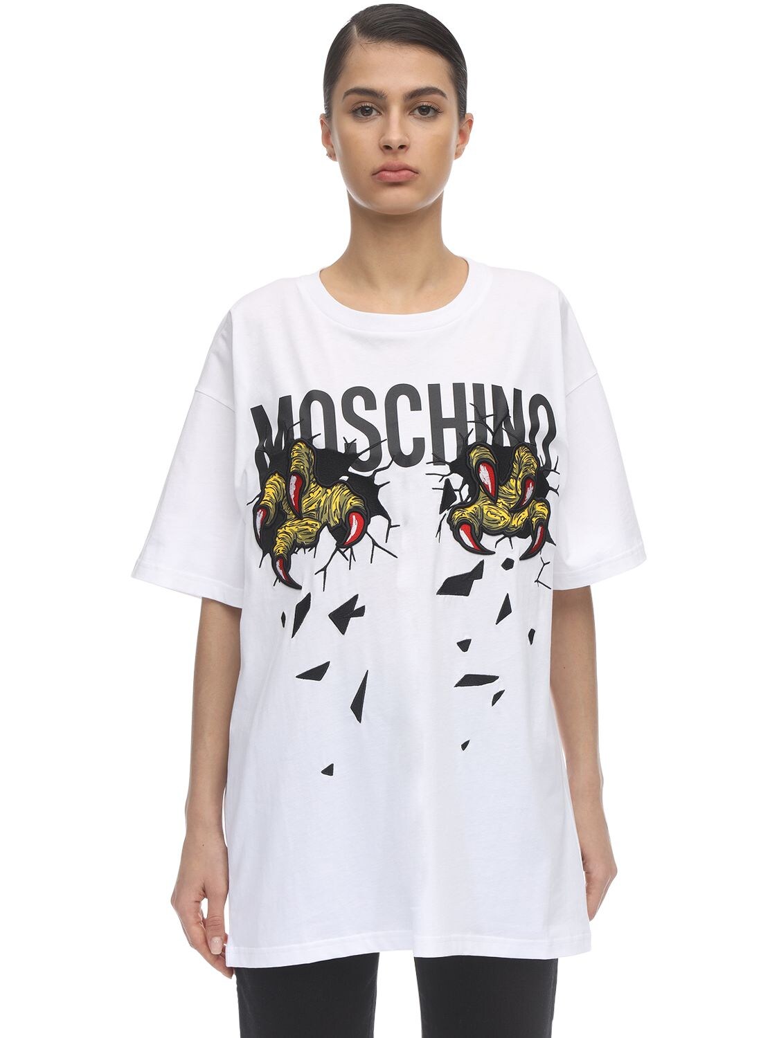 Moschino Oversized Embroidered Printed Cotton-jersey T-shirt In White ...