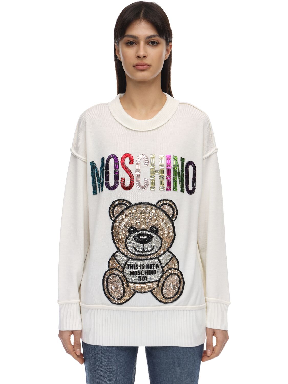 Moschino Wool Knit Sweater W/teddy Embellishment In White