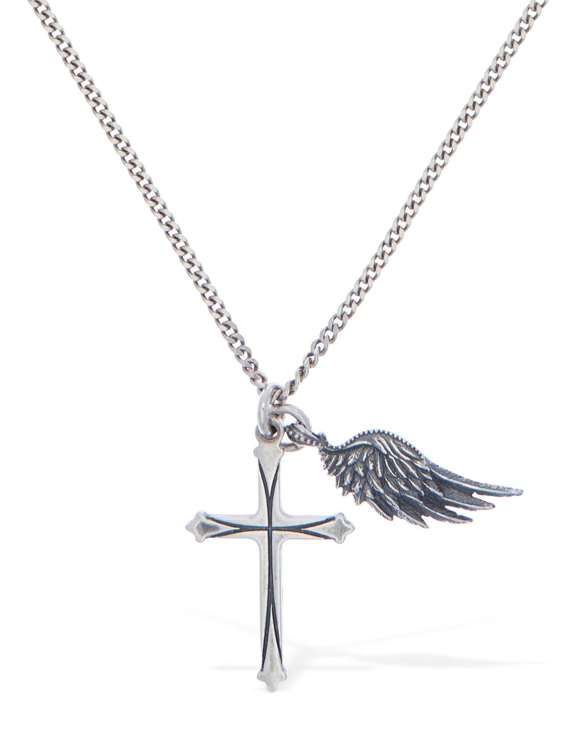 Emanuele Bicocchi Wing & Cross Double Charm Necklace In Silver
