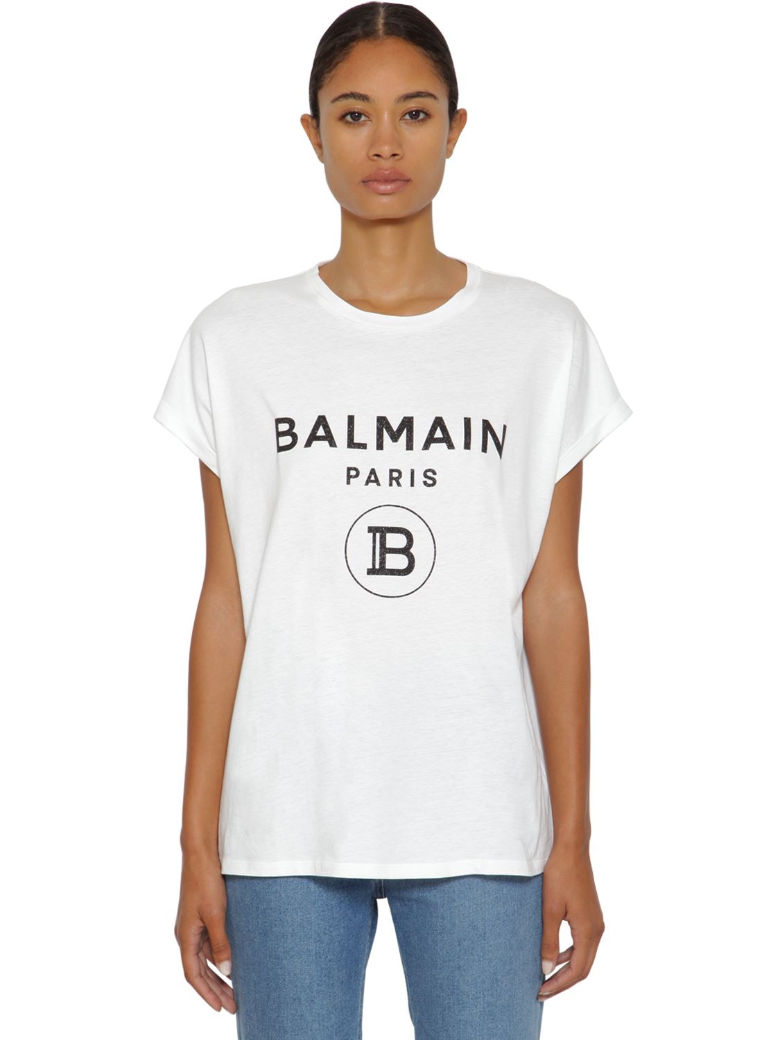 Balmain Glitter Logo Print Cotton Jersey T-shirt In White
