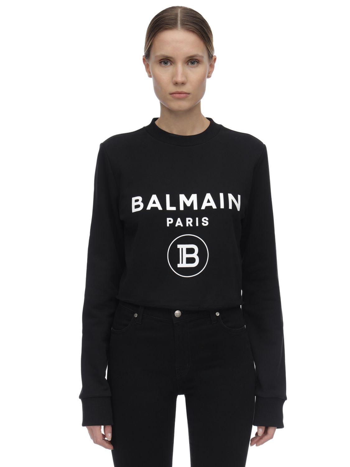 Balmain Logo Print Cotton Jersey Crop Sweatshirt In Black