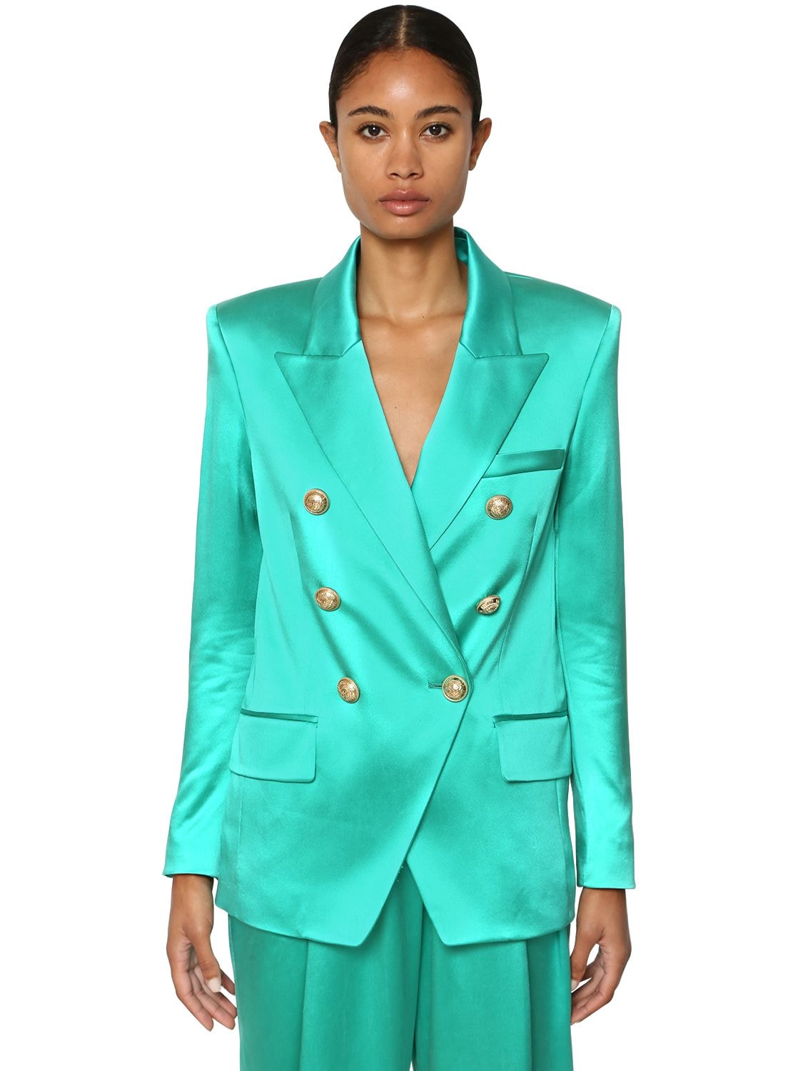 Balmain Double Breasted Silk Satin Jacket In Turquoise