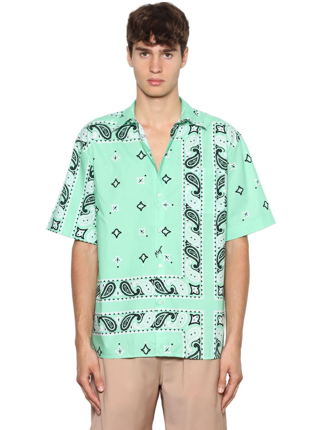 Msgm Bandana Printed Poplin Bowling Shirt In Light Green