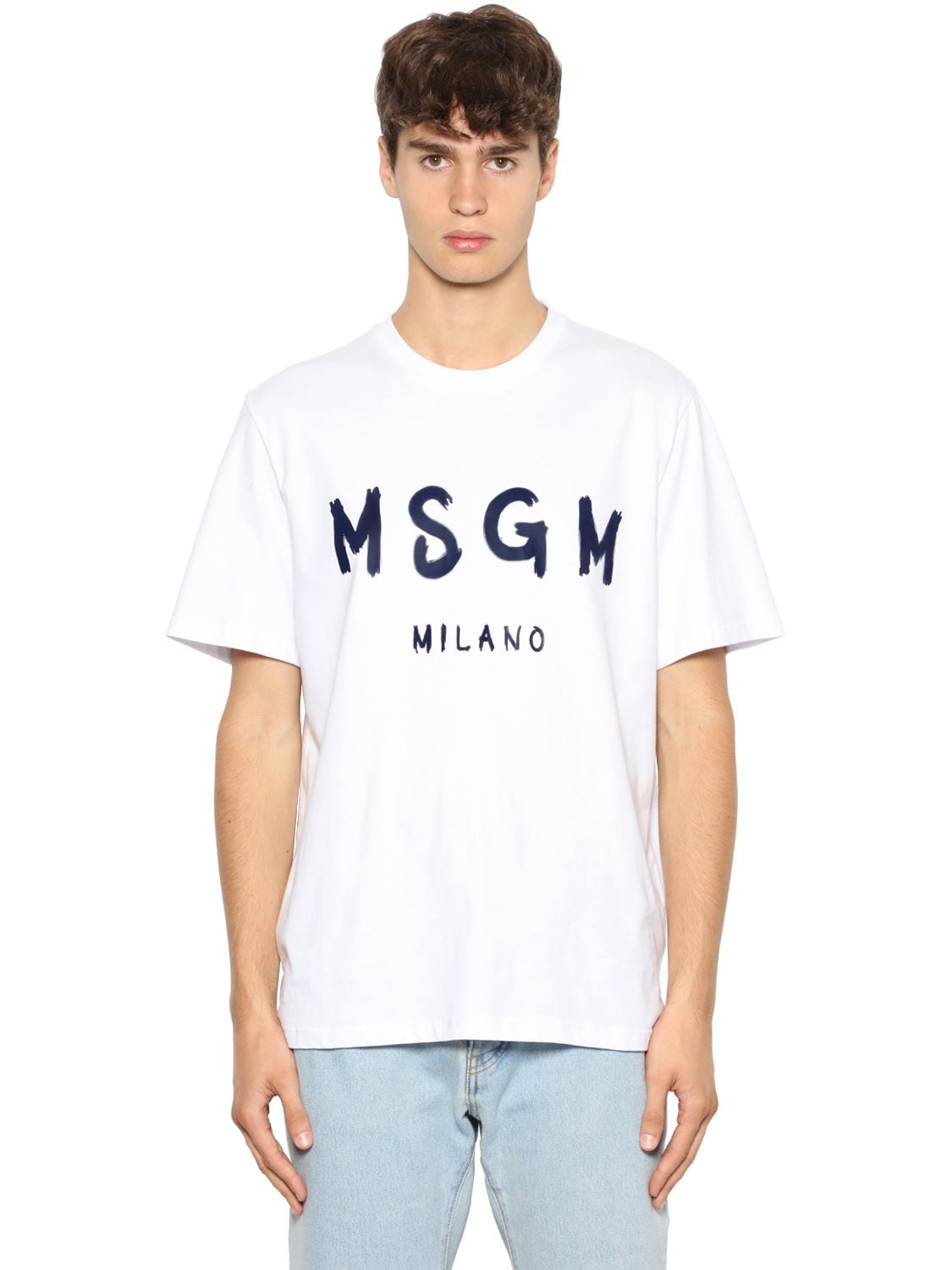 Msgm Vinyl Logo Print Cotton Jersey T-shirt In White,blue