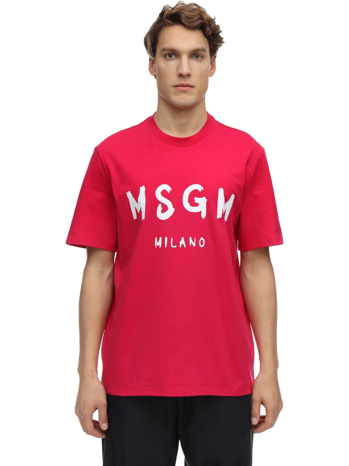 Msgm Vinyl Logo Print Cotton Jersey T-shirt In Raspberry