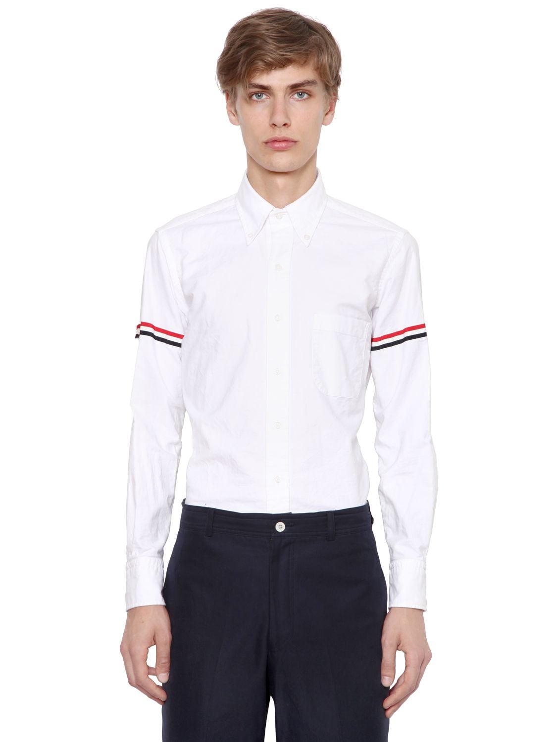 THOM BROWNE STRIPED ARM BAND COTTON OXFORD SHIRT,71ILA9003-MTAW0