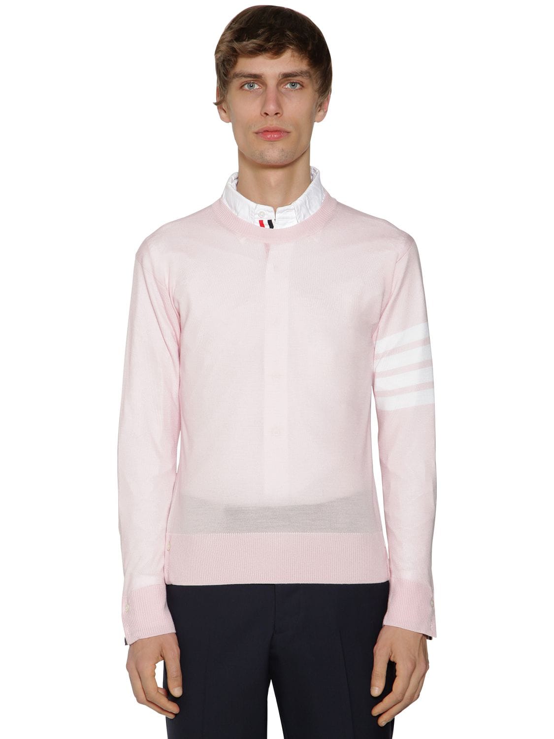 Thom Browne Intarsia Stripes Wool Knit Sweater In Light Pink