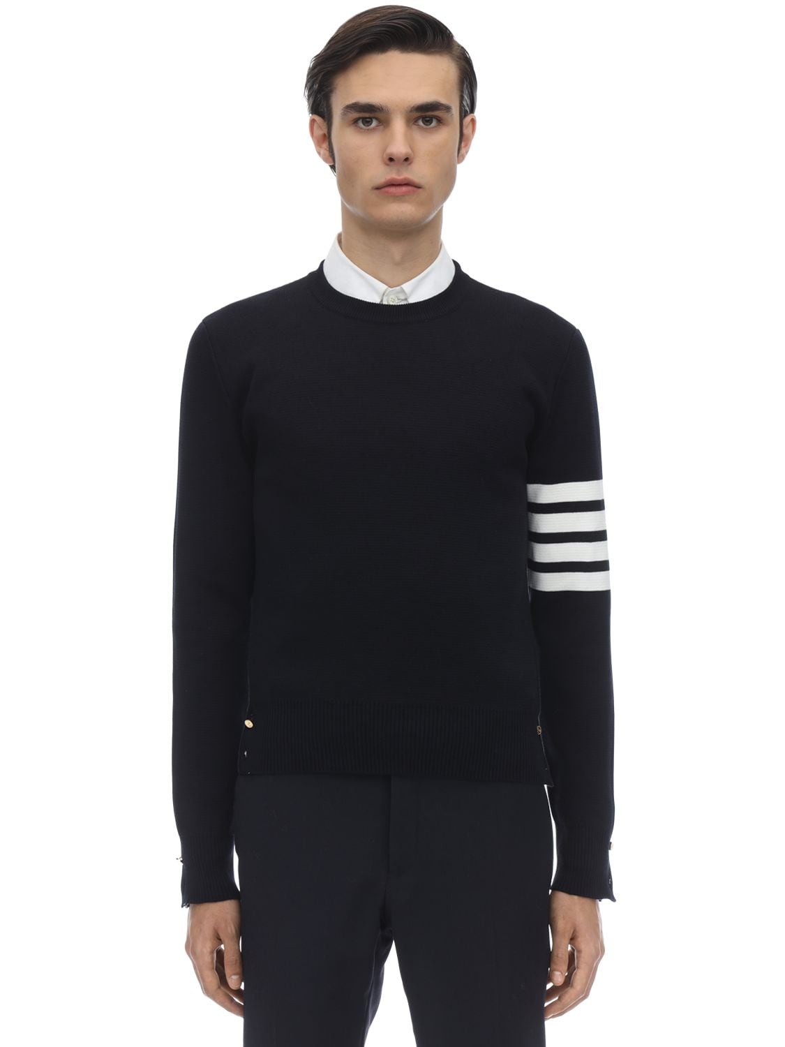 Thom Browne Wool Sweater With Inlaid 4-bar Stripses Pattern In Navy