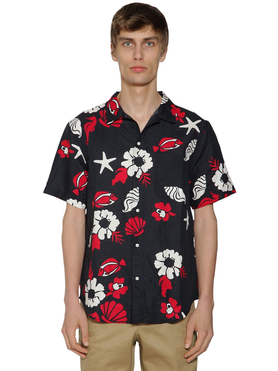 THOM BROWNE FLOWERS PRINT HEAVY VOILE COTTON SHIRT,71ILA9055-OTYW0
