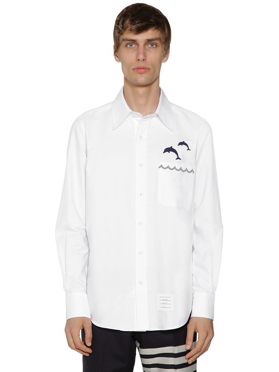 THOM BROWNE DOLPHIN EMBROIDERED OXFORD COTTON SHIRT,71ILA9058-MTAW0