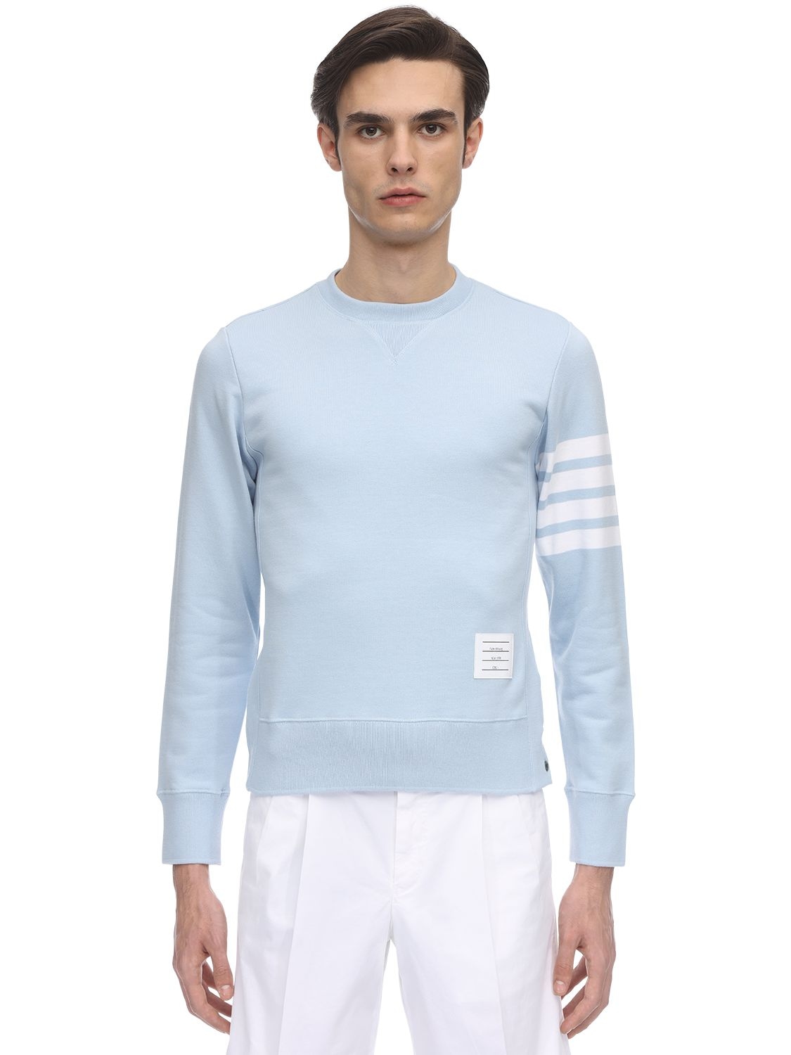 Thom Browne Intarsia Stripes Cotton Sweatshirt In Light Blue