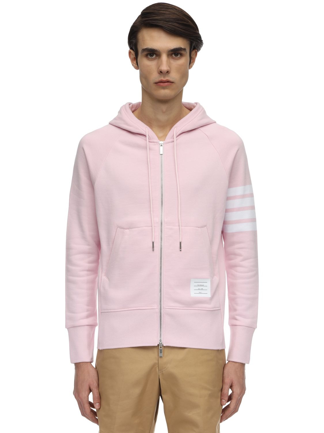 Thom Browne Slim-fit Striped Loopback Cotton-jersey Zip-up Hoodie In Light Pink