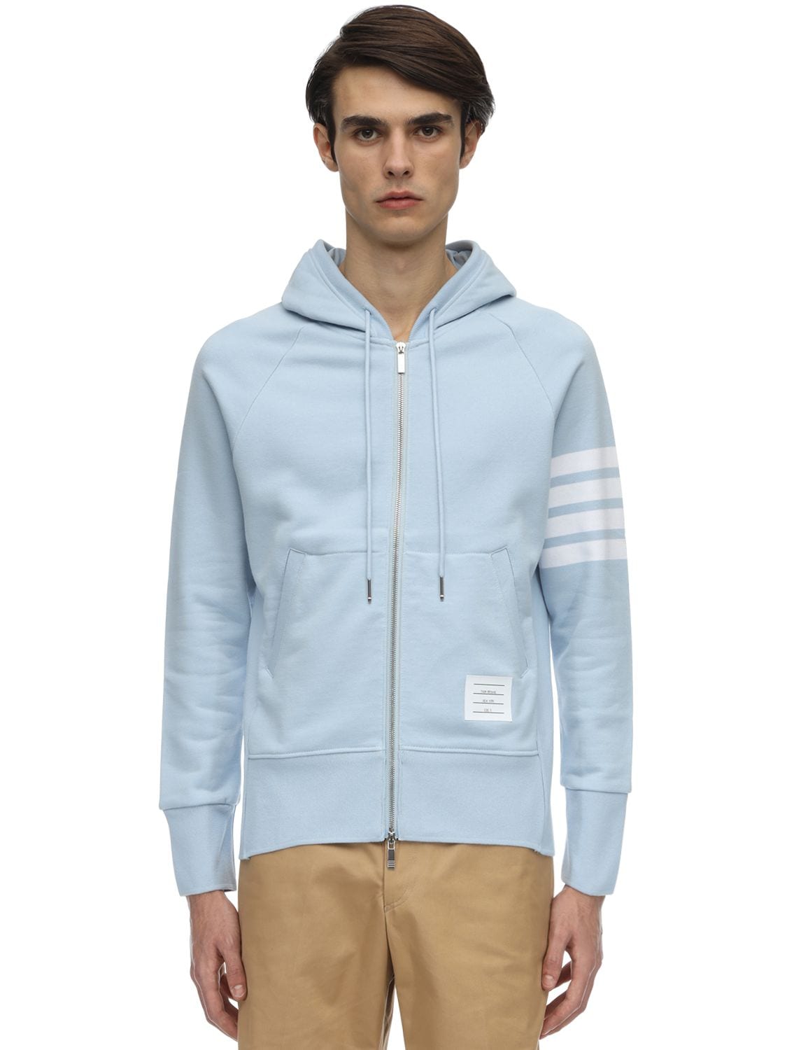 Thom Browne Zip-up Cotton Sweatshirt Hoodie In Light Blue