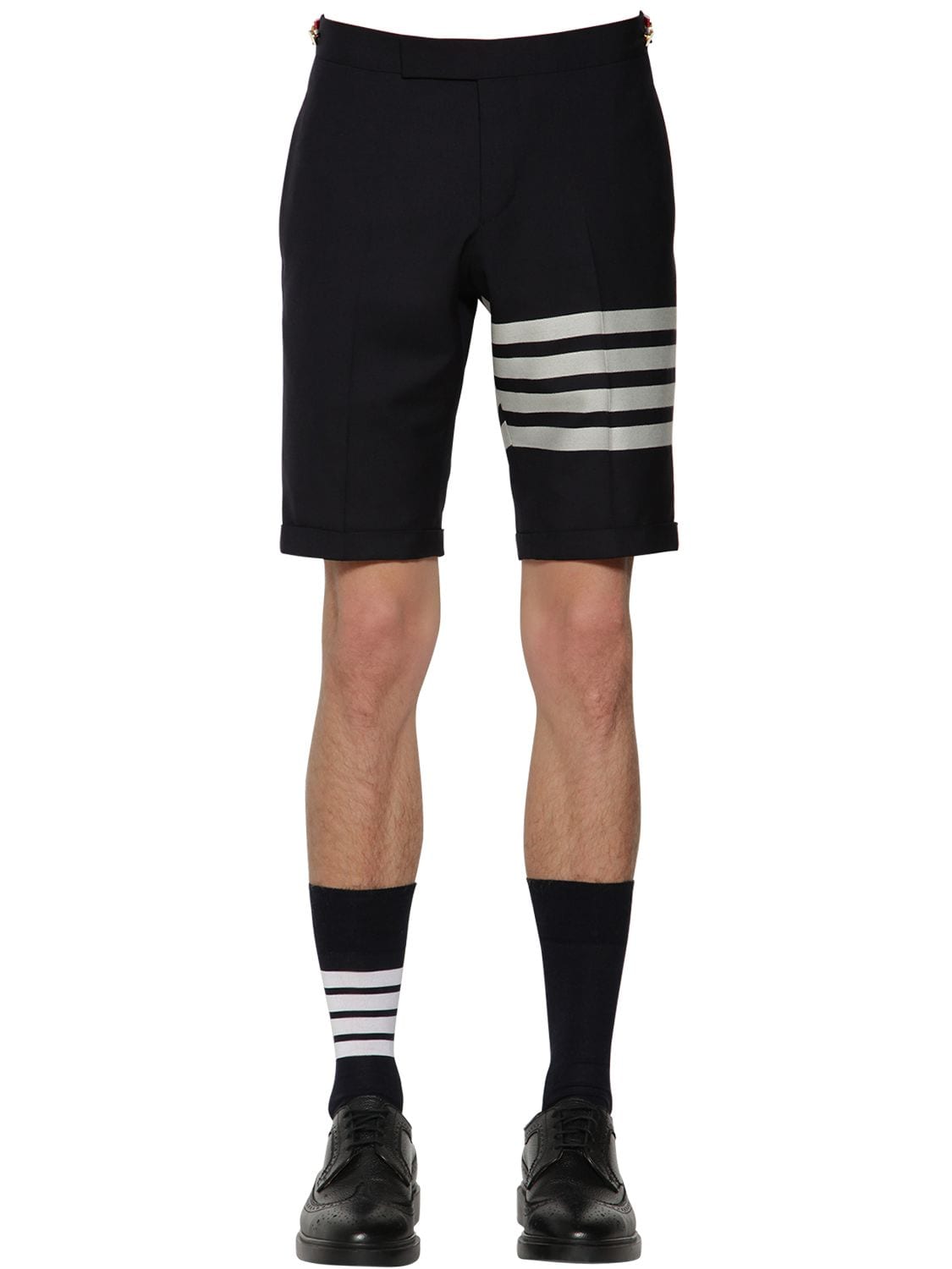 Thom Browne Intarsia Stripes Low Rise Wool Shorts In Navy