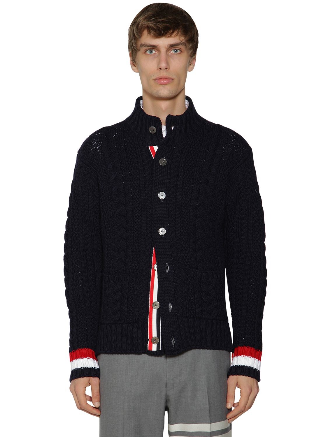 Thom Browne High Collar Wool Aran Cable Cardigan In Navy