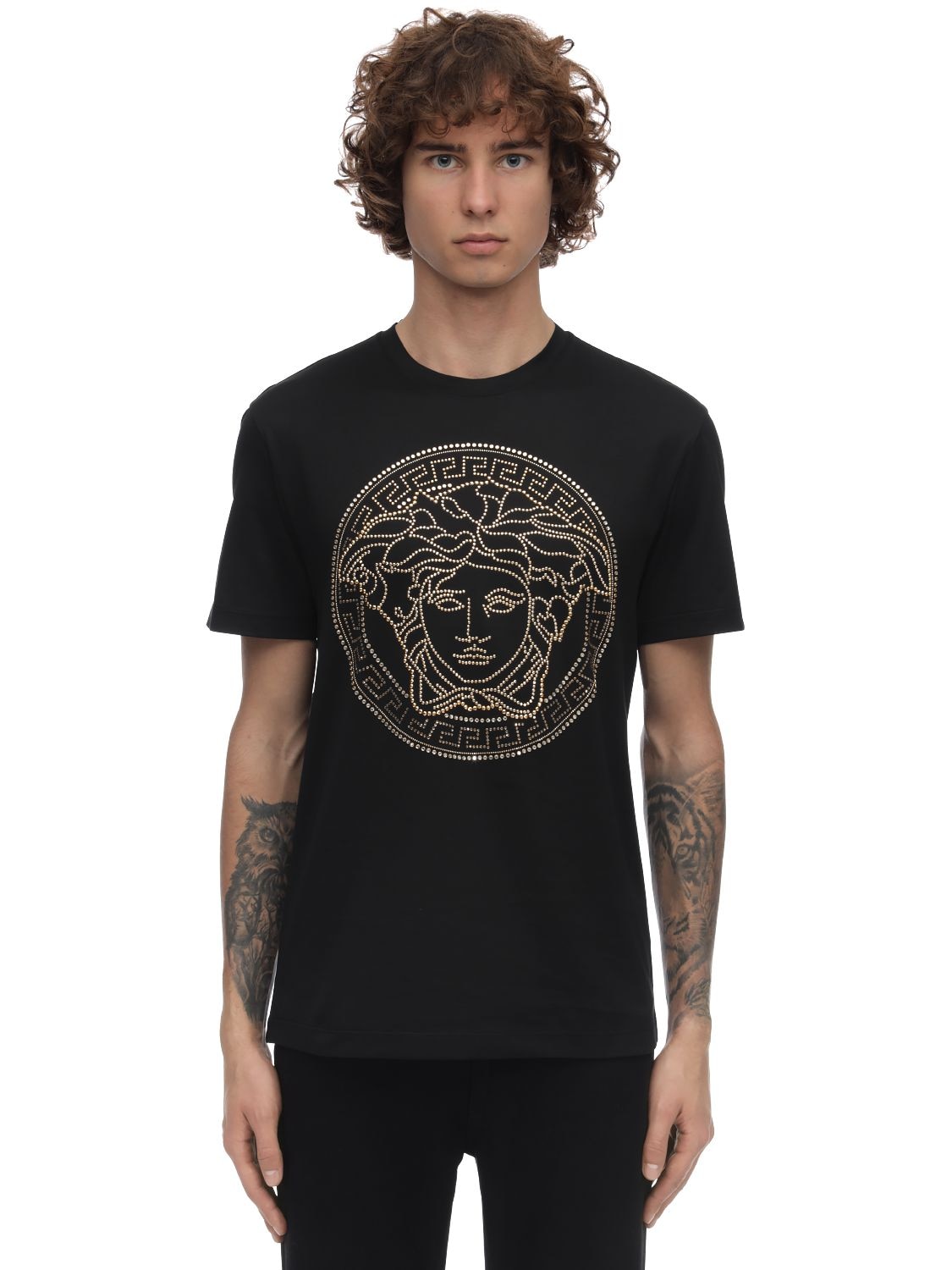 Versace Medusa Logo Studded T-shirt In Black