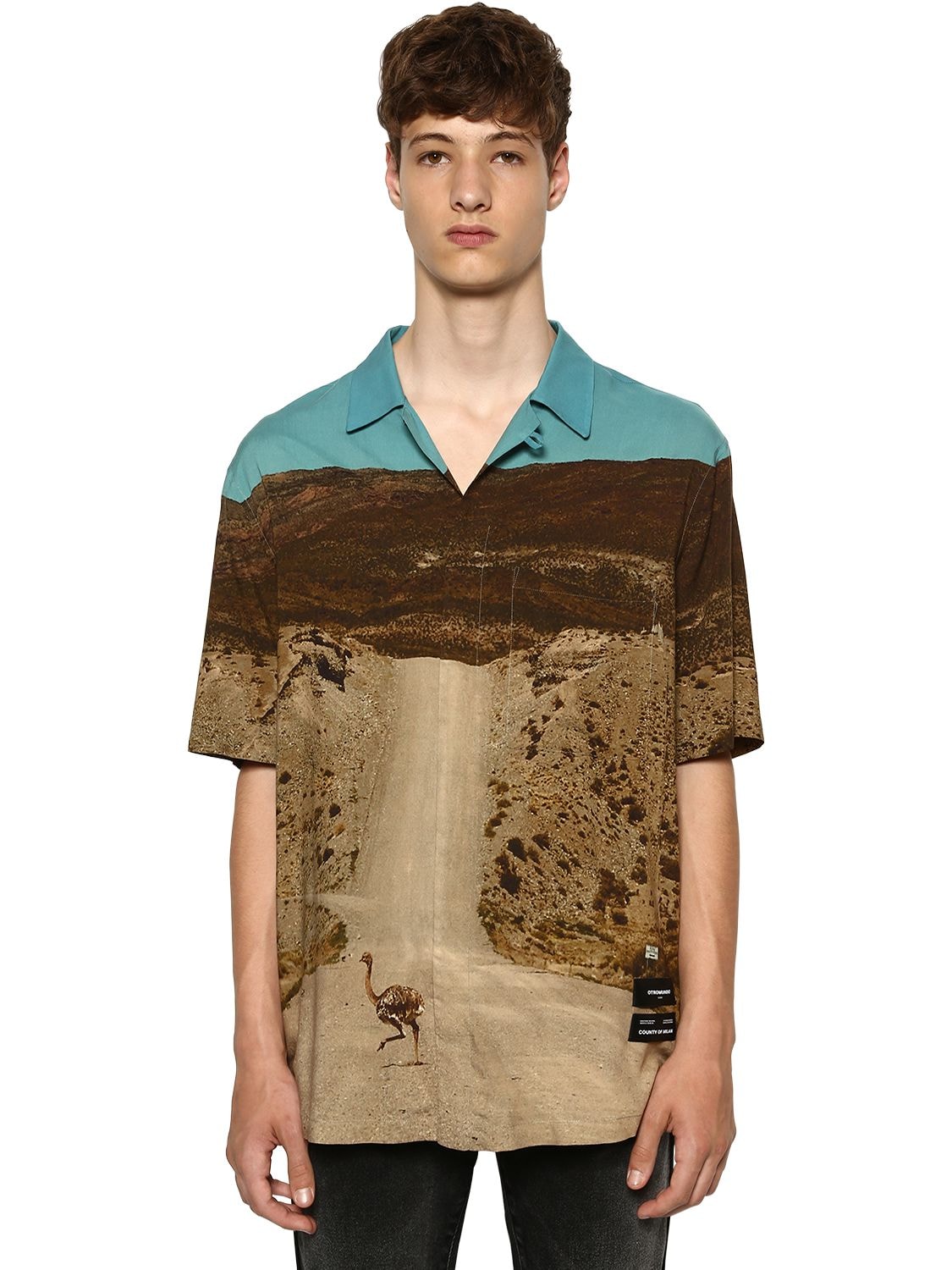 MARCELO BURLON COUNTY OF MILAN ALL OVER OSTRICH PRINT S/S VISCOSE SHIRT,71ILF9026-NJE0MA2