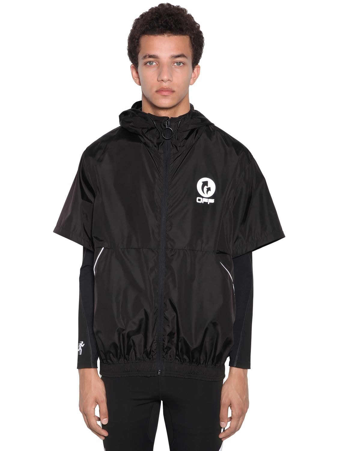Off-white Logo Print Zip Up Shell Nylon Jacket In Black Silve | ModeSens