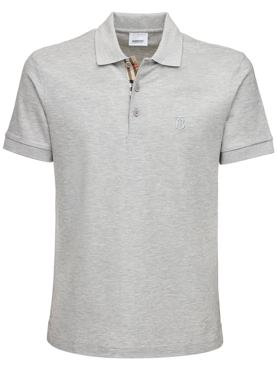 Burberry Cotton Pique Polo W/ Heritage Detail In Grey