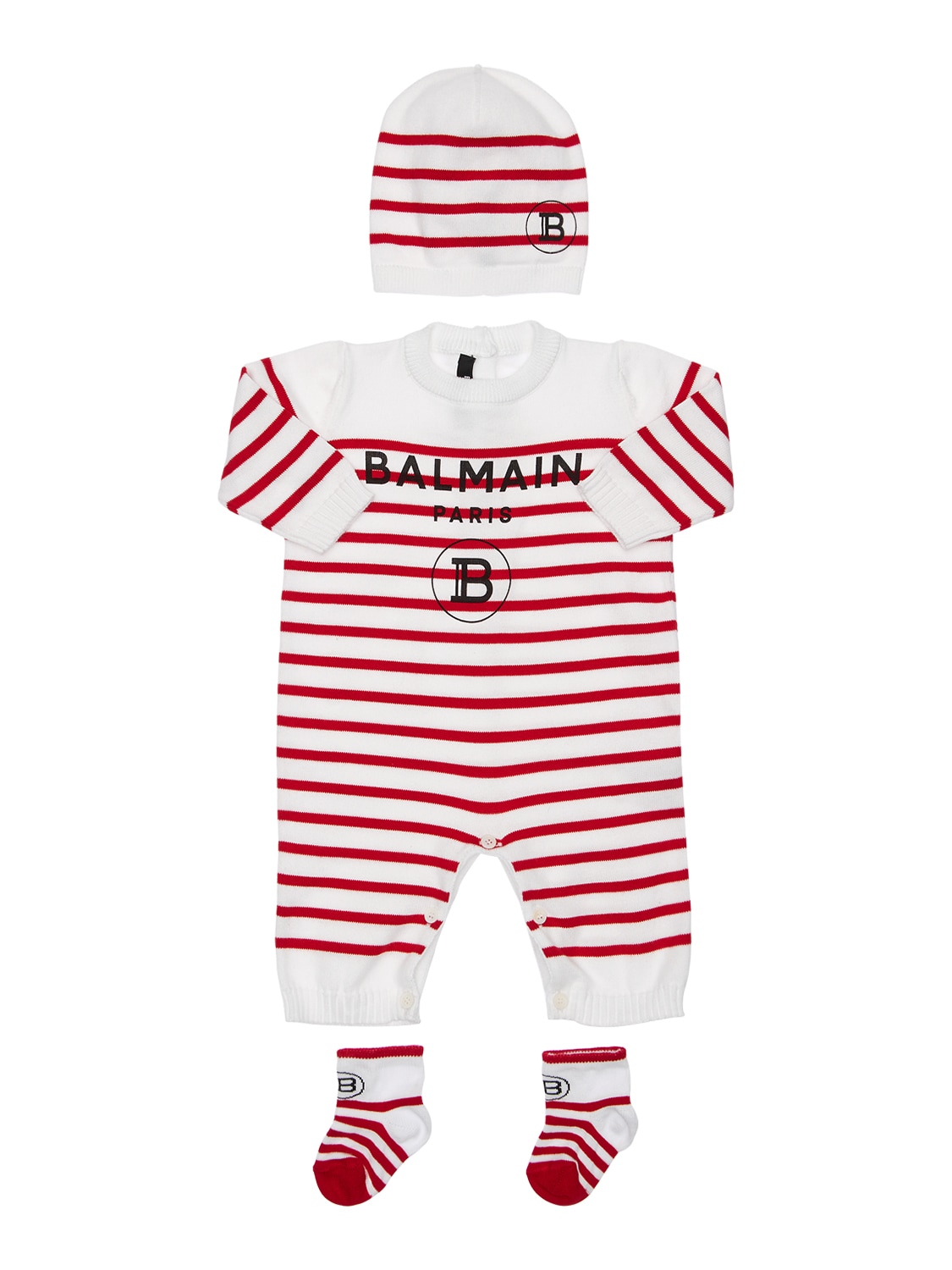 Balmain Babies' 条纹纯棉针织连体裤，帽子&袜子 In White,red