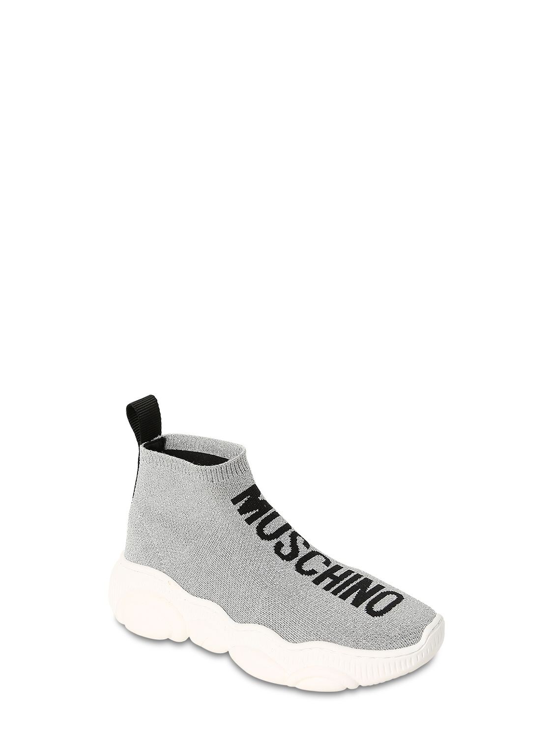 Moschino Intarsia Glittered Knit Sock Sneakers In Silver