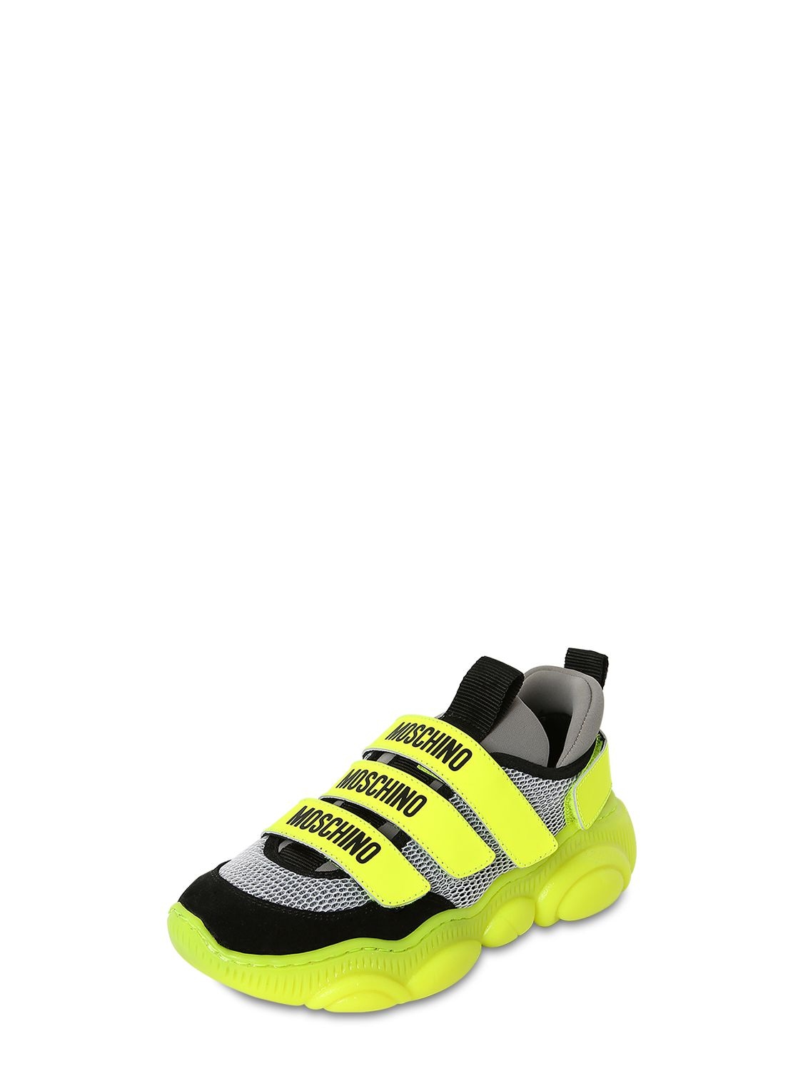 Moschino Kids' Leather & Neoprene Strapped Sneakers In Neon Yellow