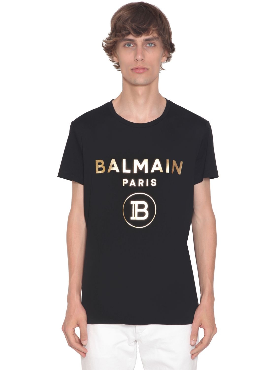 Balmain Logo Printed Cotton Jersey T-shirt In Black,gold