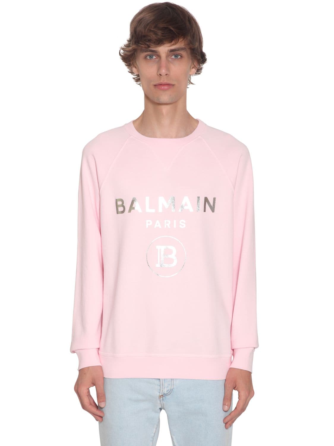Balmain Silver Foil Logo Jersey Sweatshirt In Pink