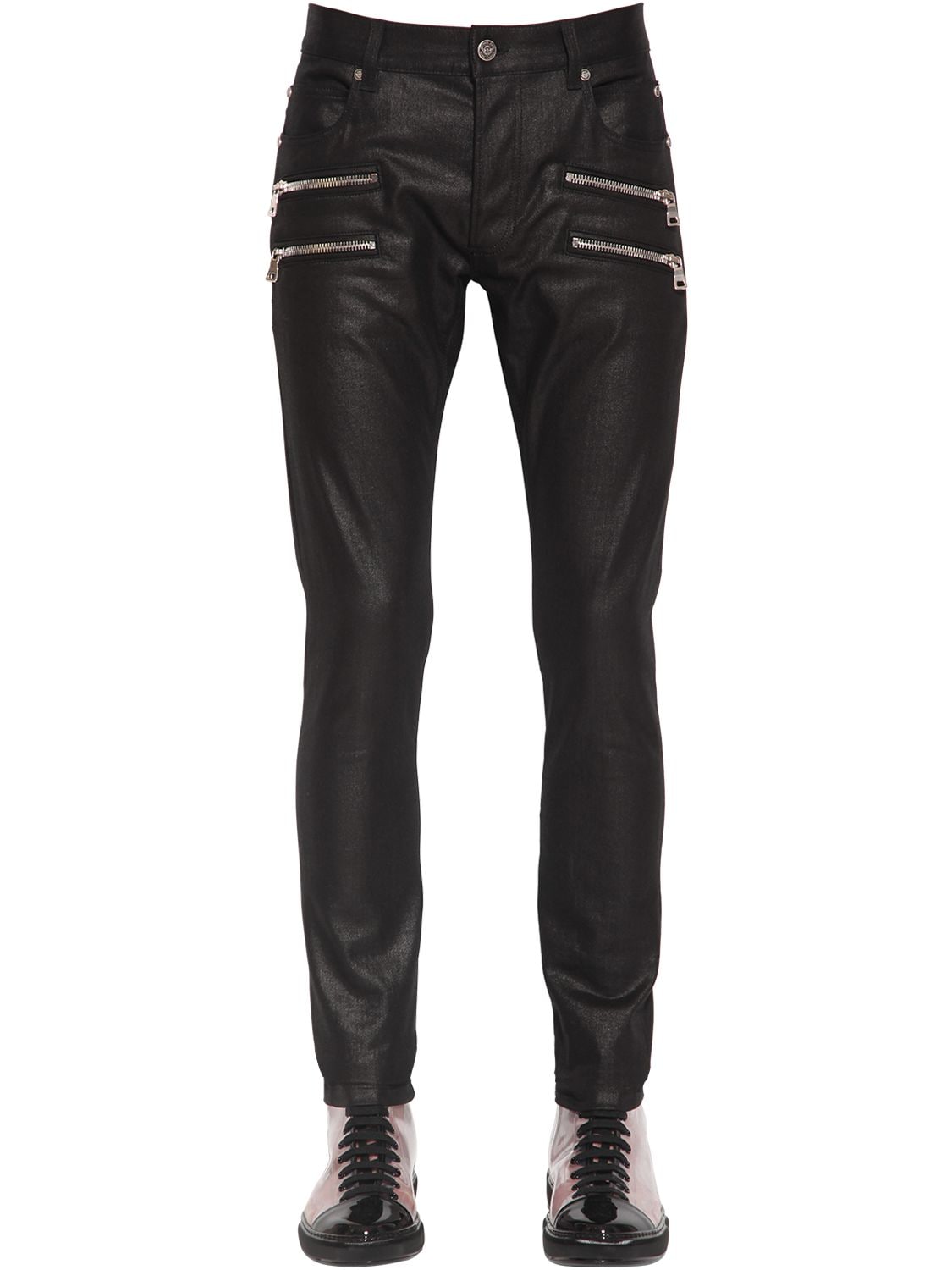 Balmain 15cm Waxed Slim Cotton Denim Jeans In Black