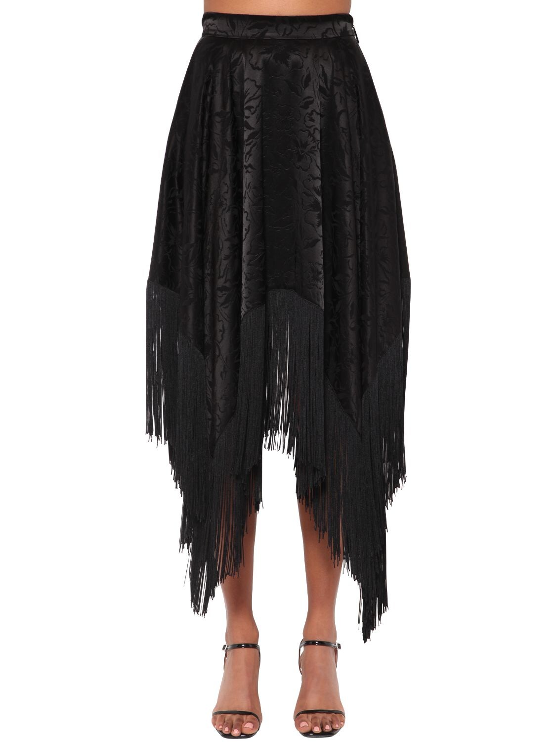 MSGM JACQUARD SATIN MIDI SKIRT W/ FRINGE,71IM2F013-OTK1