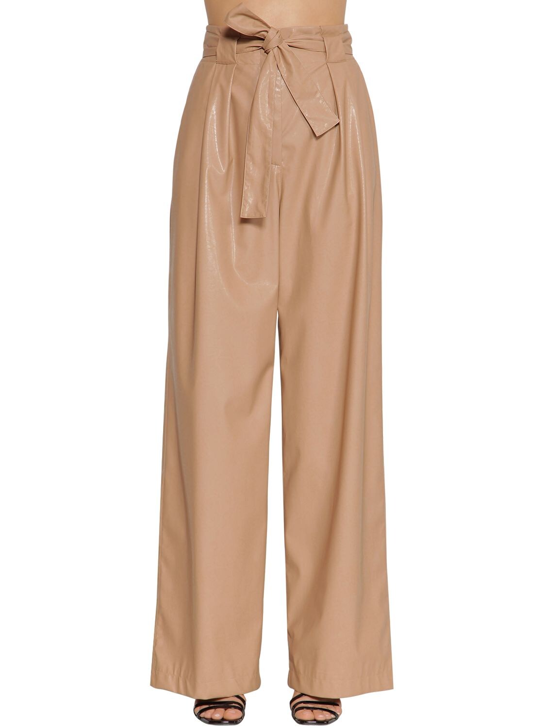 Msgm High Waisted Wide Leg Faux Leather Pants In Beige
