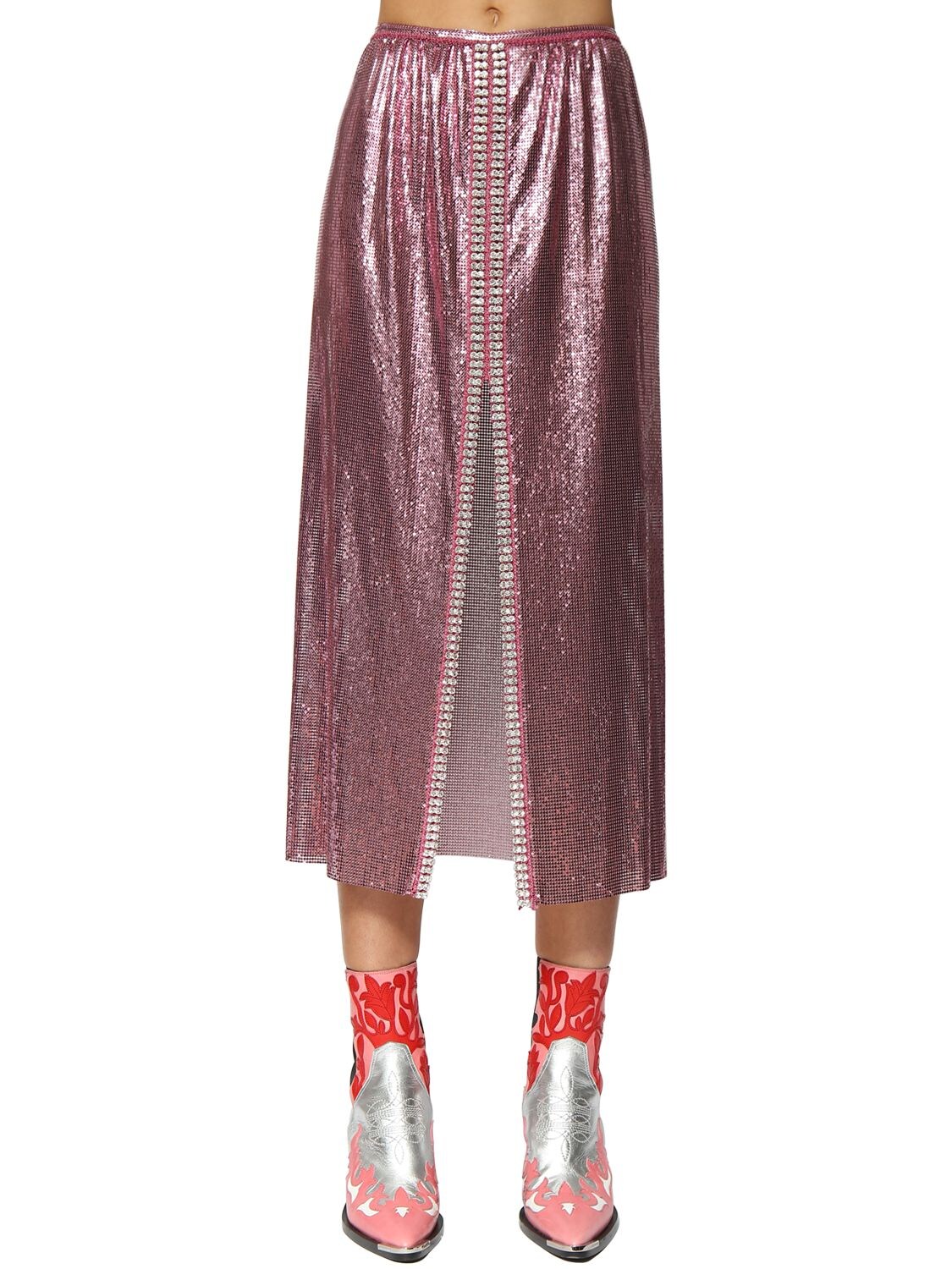PACO RABANNE 水晶&金属网眼中长款半身裙,71IMDQ013-UDY2MA2