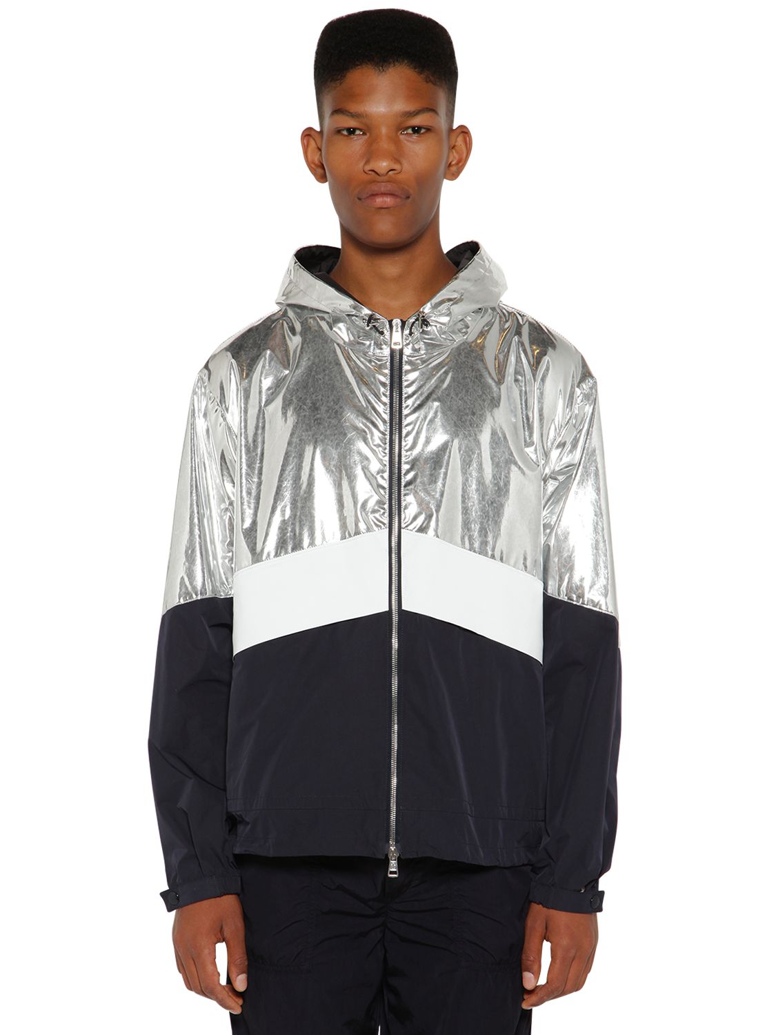 Moncler Quinic Navy And Silver Shell Jacket In Silver,navy,wth