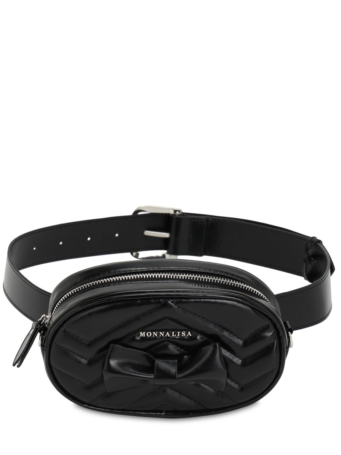 Monnalisa Babies' Faux Leather Belt Bag W/ Bow In Black