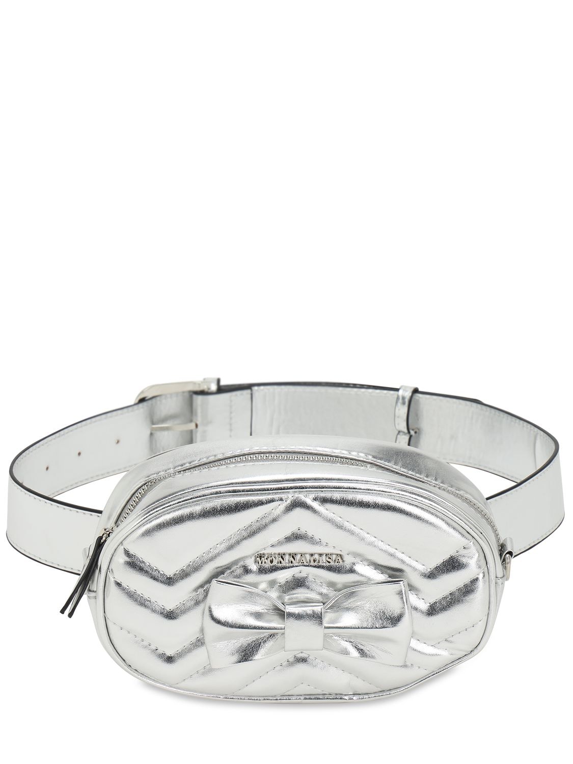 Monnalisa Babies' Faux Leather Belt Bag W/ Bow In Silver