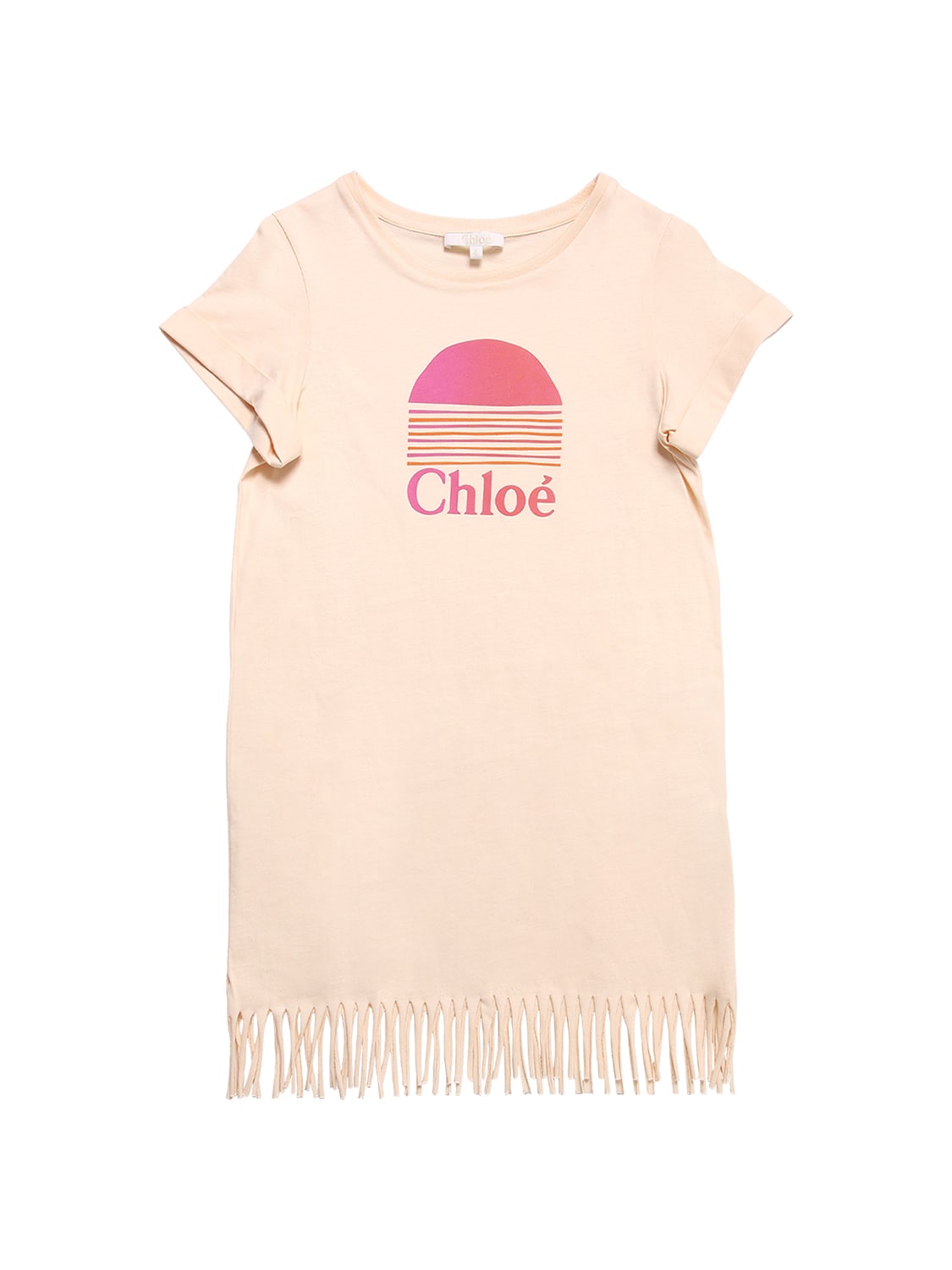 Chloé Kids' Logo印花流苏纯棉平纹针织连衣裙 In Pink
