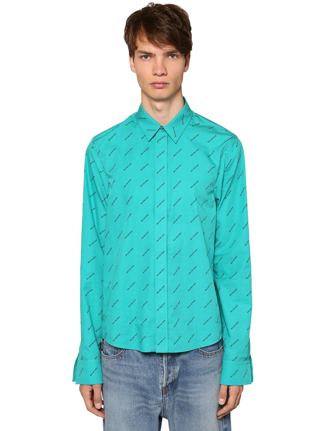 Balenciaga All Over Logo Fitted Cotton Shirt In Turquoise Black