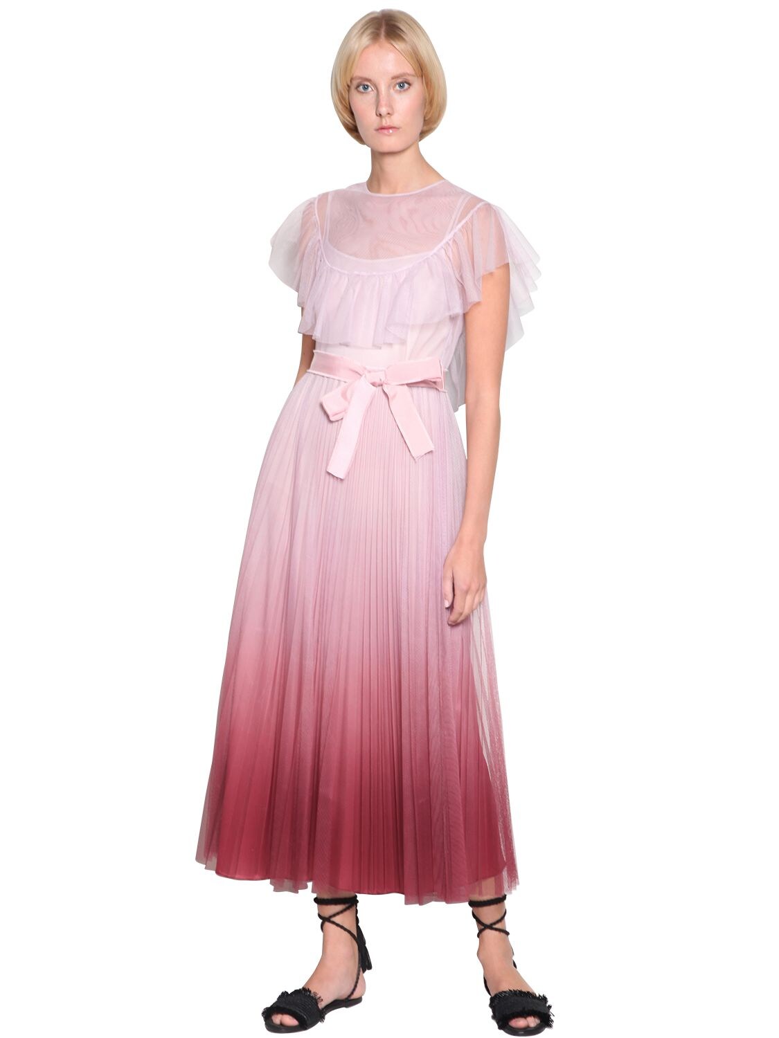 RED VALENTINO GRADIENT PLATED TULLE MIDI DRESS,71IR1Z014-UJEZ0