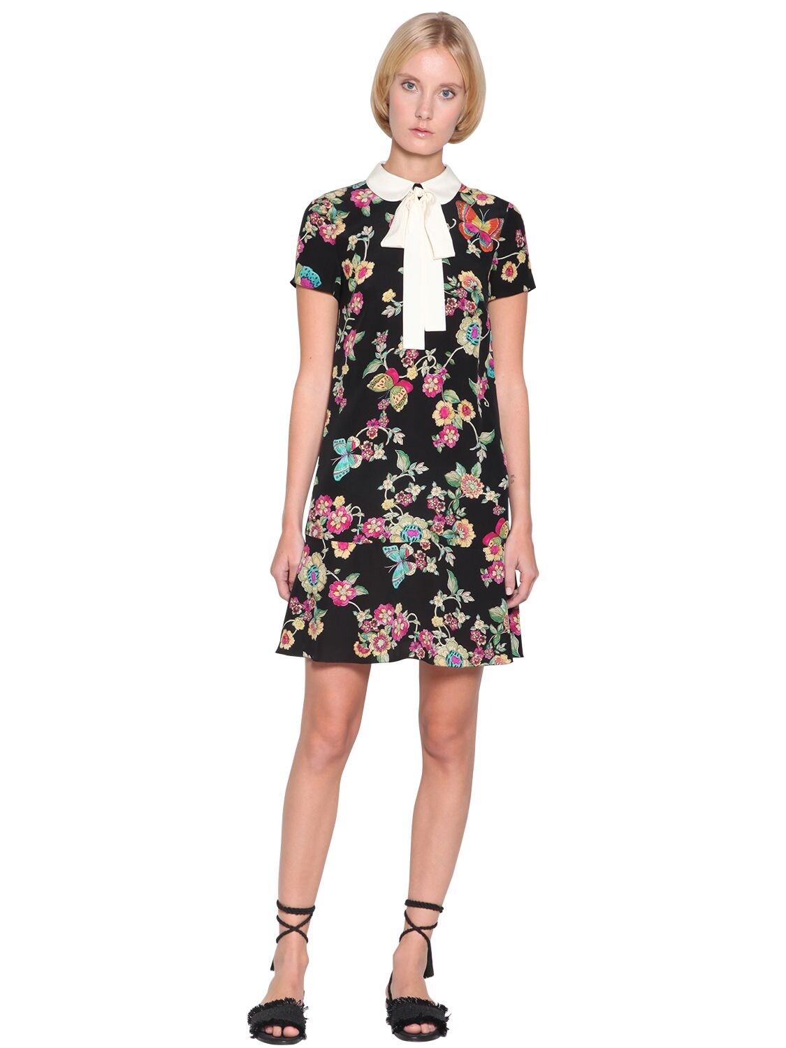 RED VALENTINO FLORAL PRINTED CREPE DE CHINE MINI DRESS,71IR1Z017-ME5P0