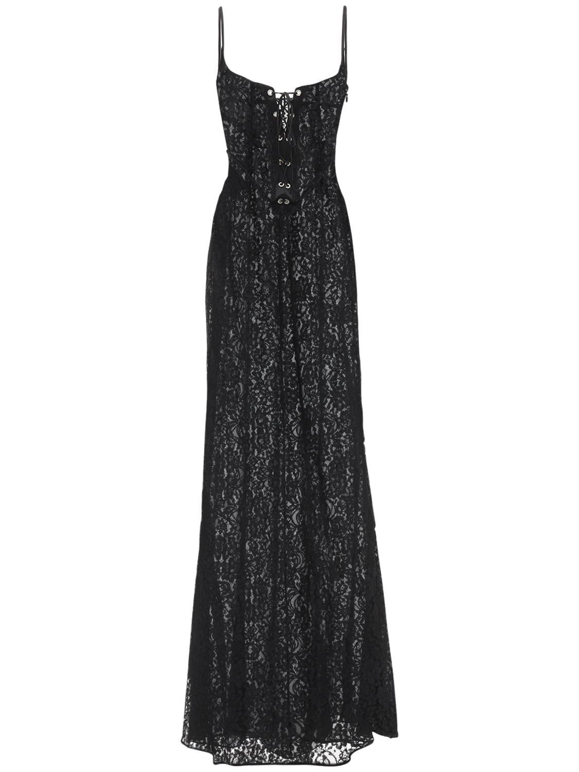 Alessandra Rich Lace Long Dress W/ Bustier In Black