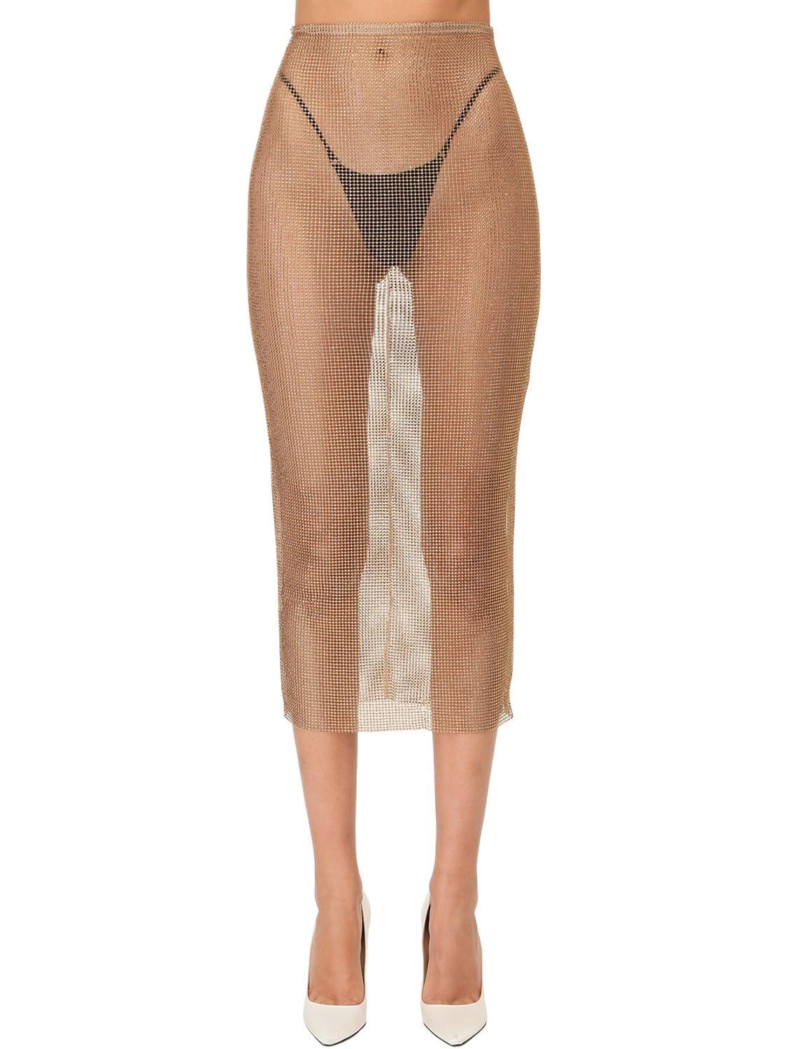 ALESSANDRA RICH 透明水晶装饰网眼中长半身裙,71IRKM039-MDAZMG2