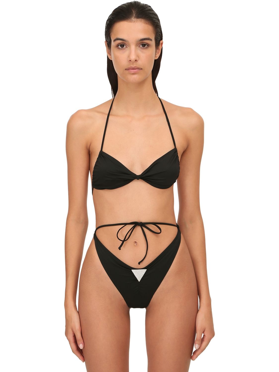 Alessandra Rich Crystal Detail Lycra Bikini In Black