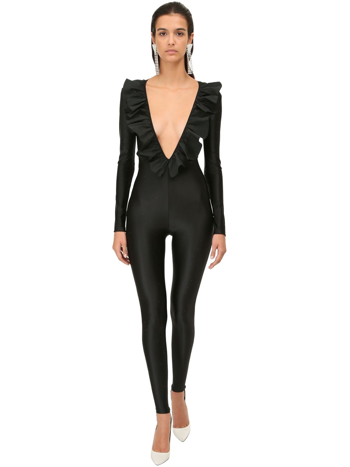 ALESSANDRA RICH RUFFLED JERSEY JUMPSUIT W/ CRYSTALS,71IRKM046-OTAW0