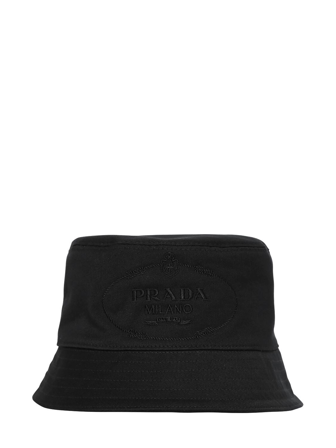 Prada Logo Embroidery Cotton Bucket Hat In Black