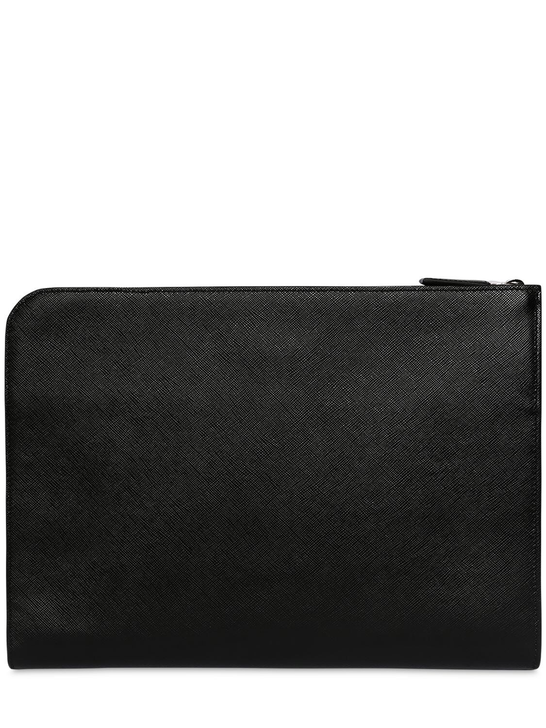 Shop Prada Zip Around Saffiano Leather Pouch W/logo In Schwarz