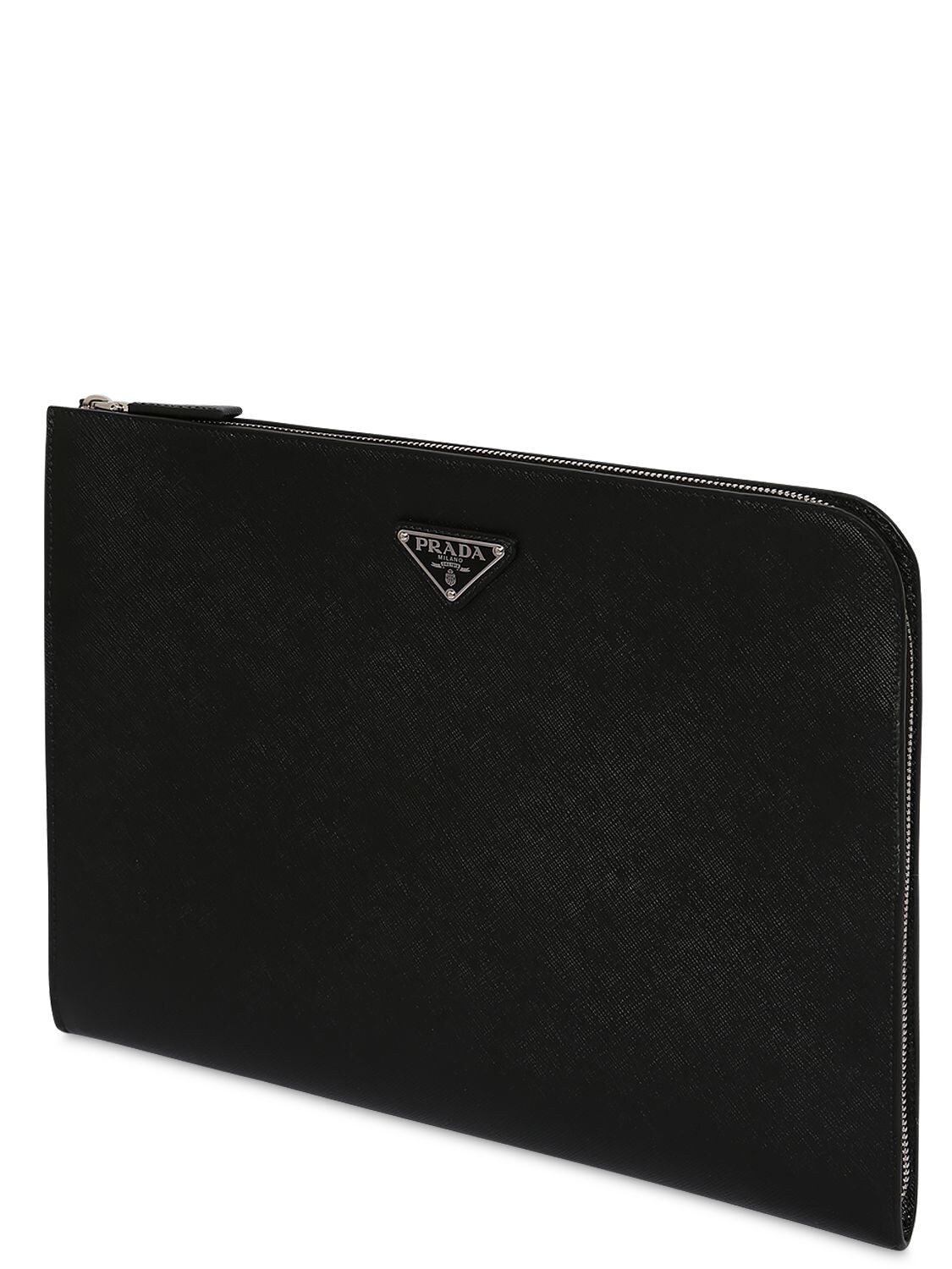 Shop Prada Zip Around Saffiano Leather Pouch W/logo In Schwarz