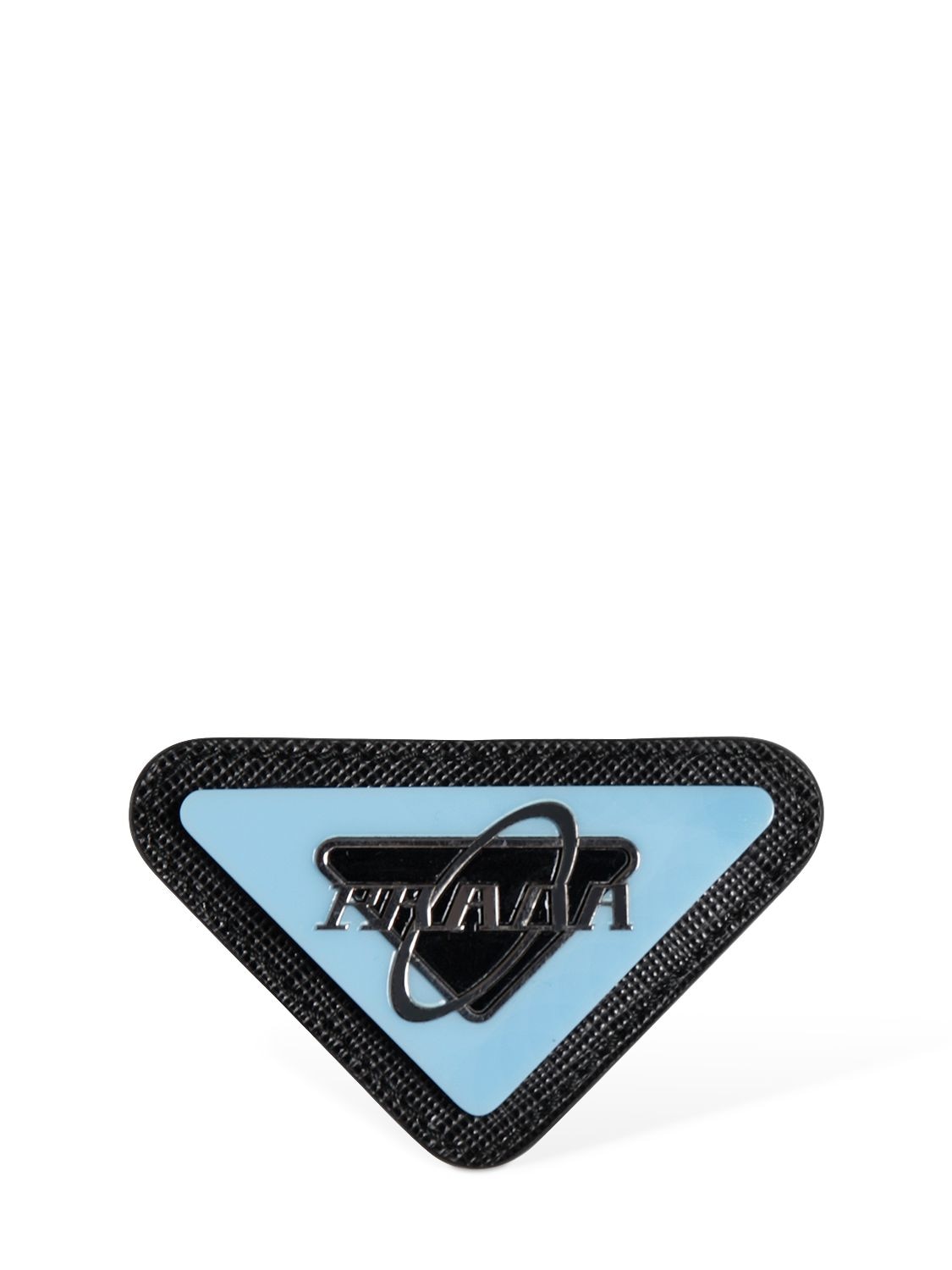 Prada Logo Saffiano Leather Pin In Black,light Blue