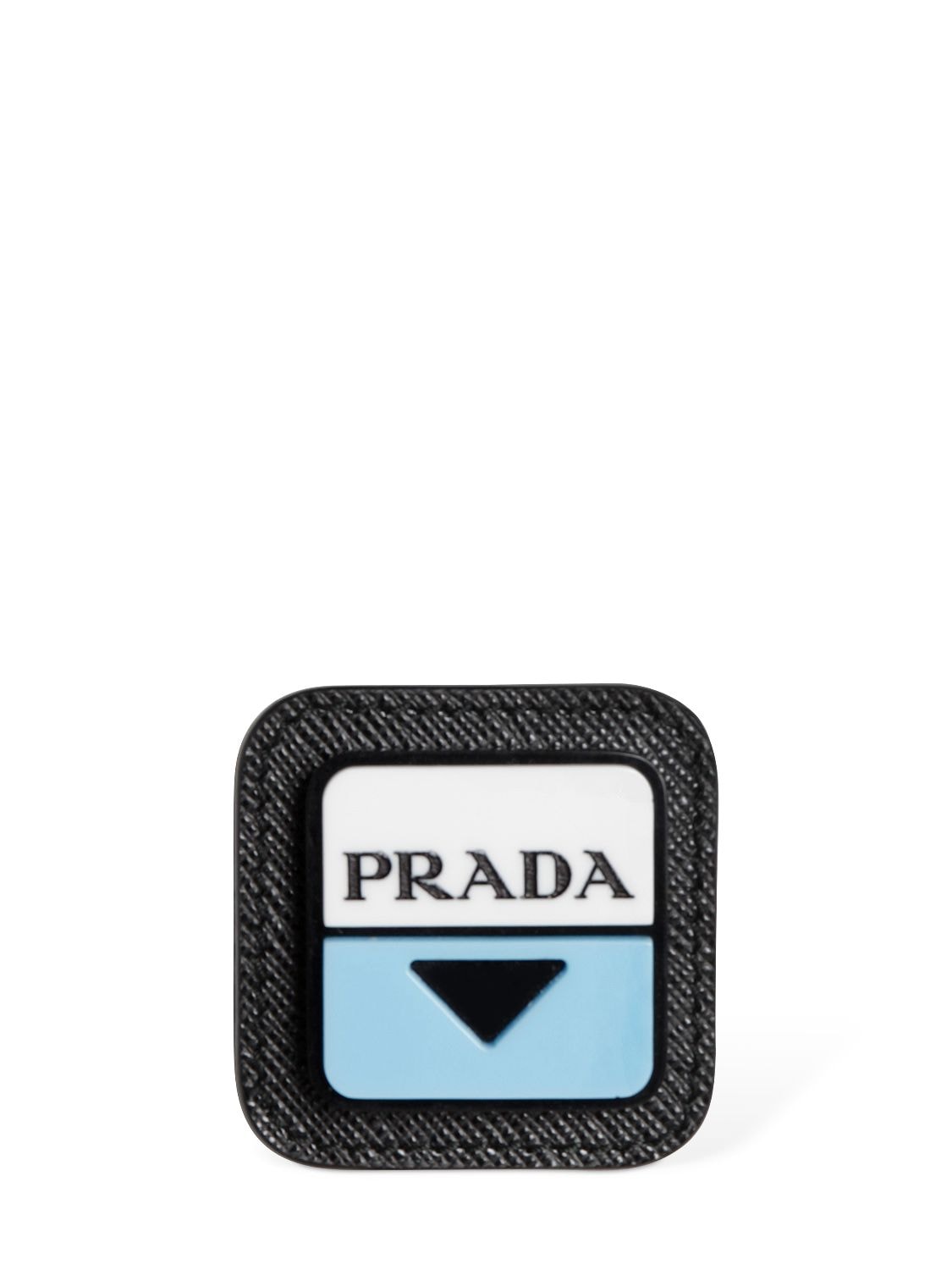 Prada Logo Plastic Saffiano Leather Pin In Black,lightblu