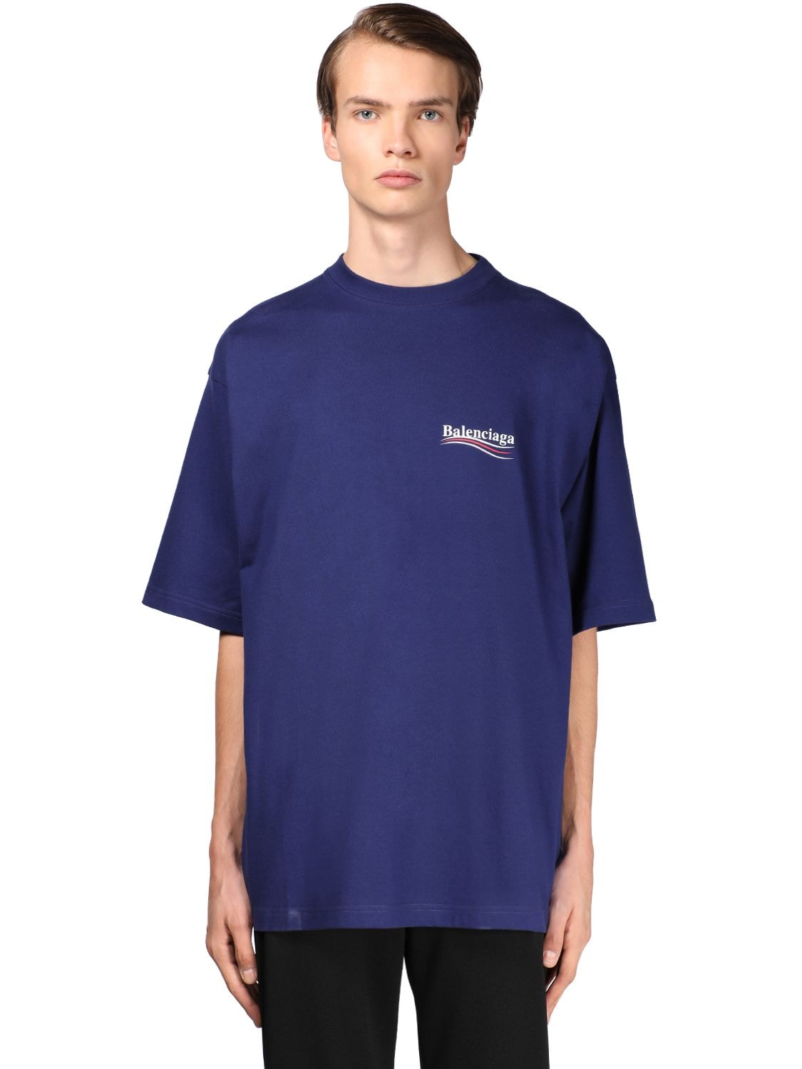 Balenciaga Political Logo Cotton Jersey T-shirt In Blue